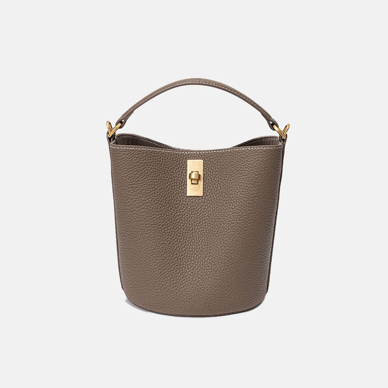 Women’s Vintage Minimalist Genuine Leather Lock Buckle Crossbody Bucket Bag image 7