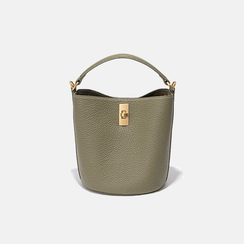 Women’s Vintage Minimalist Genuine Leather Lock Buckle Crossbody Bucket Bag image 8