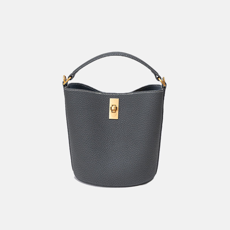 Women’s Vintage Minimalist Genuine Leather Lock Buckle Crossbody Bucket Bag image 9