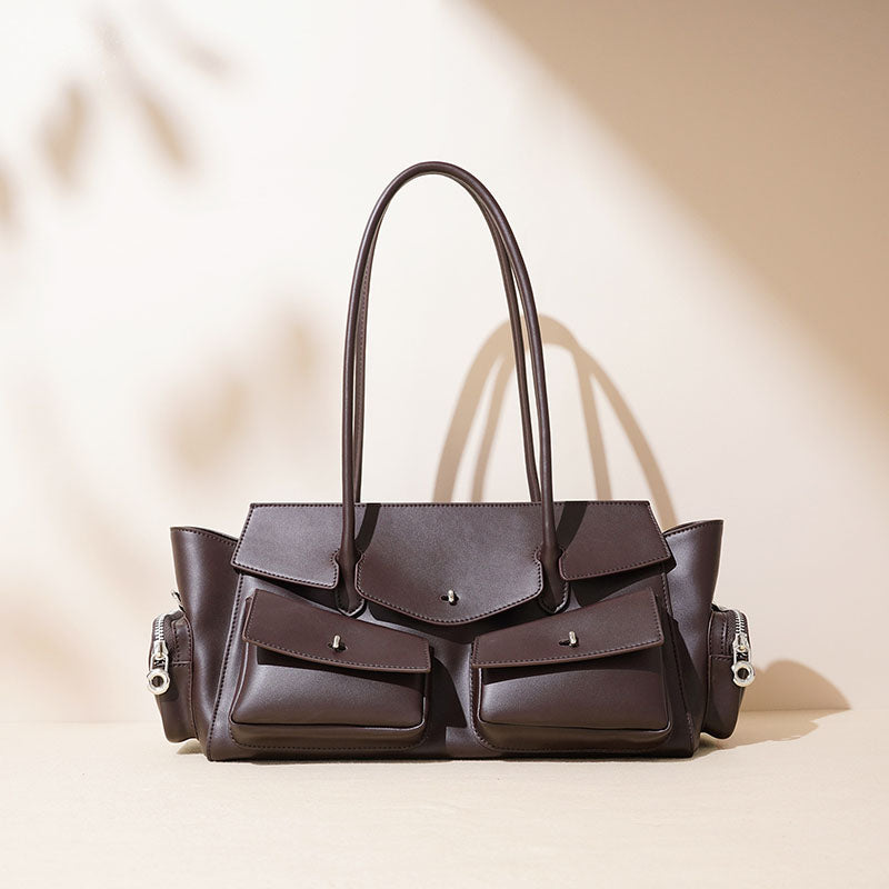 Women’s Vintage Minimalist Split Leather Baguette Bag With Multi-Pocket Design image 2