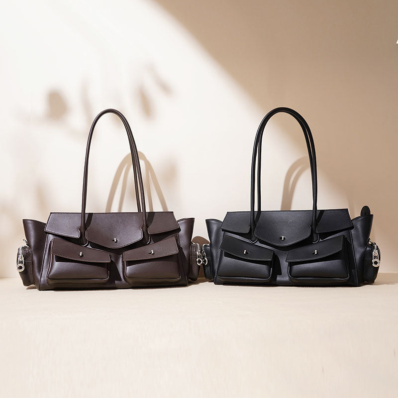 Women’s Vintage Minimalist Split Leather Baguette Bag With Multi-Pocket Design image 4