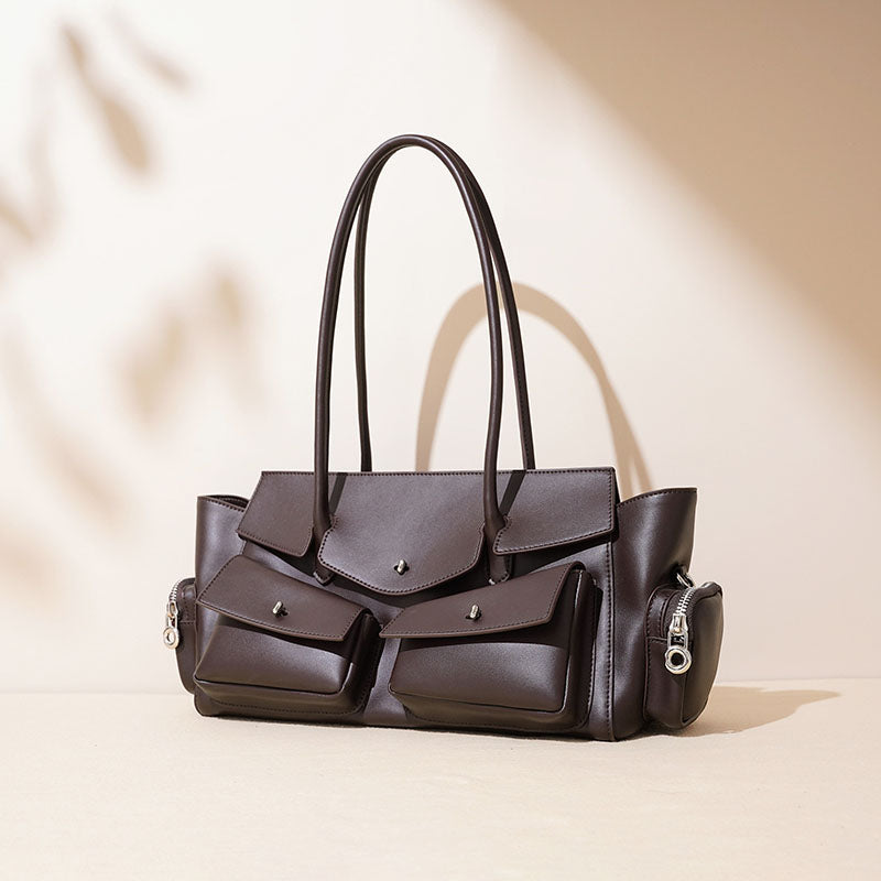 Women’s Vintage Minimalist Split Leather Baguette Bag With Multi-Pocket Design image 3