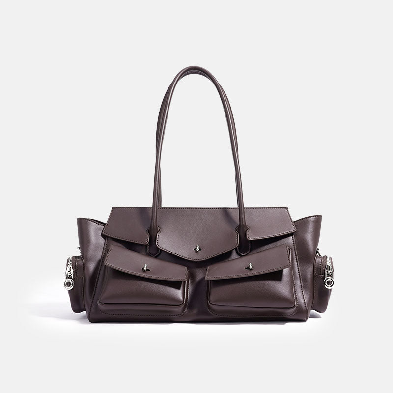 Women’s Vintage Minimalist Split Leather Baguette Bag With Multi-Pocket Design image