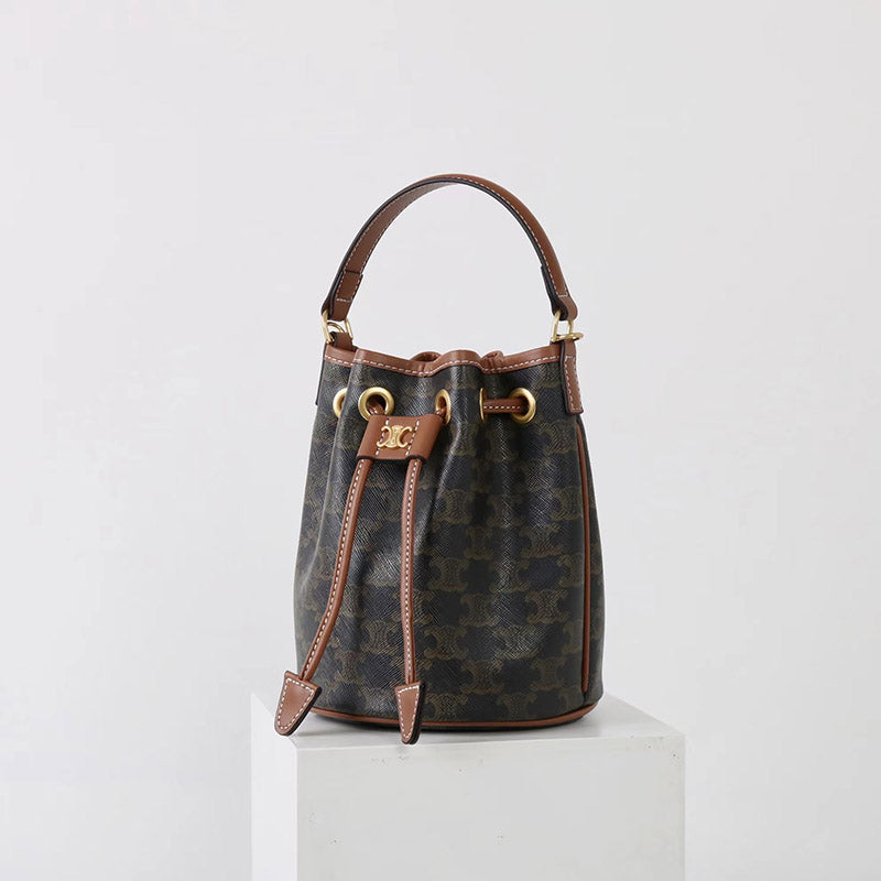 Women’s Vintage Old Flower Color Split Leather Triomphe Drawstring Bucket Bag In Gold Hardware image 2