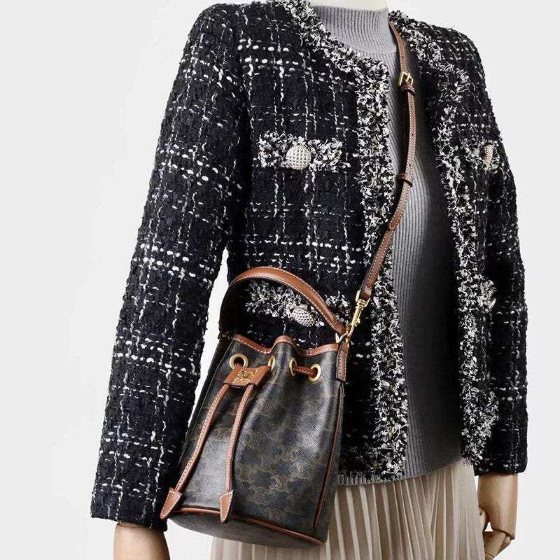 Women’s Vintage Old Flower Color Split Leather Triomphe Drawstring Bucket Bag In Gold Hardware image 6