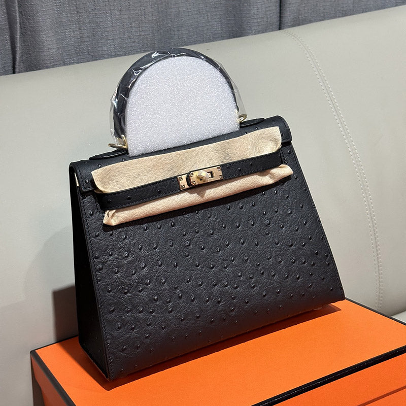 Women’s Vintage Ostrich Embossed Top-Grain Leather Handbag In Gold Hardware image