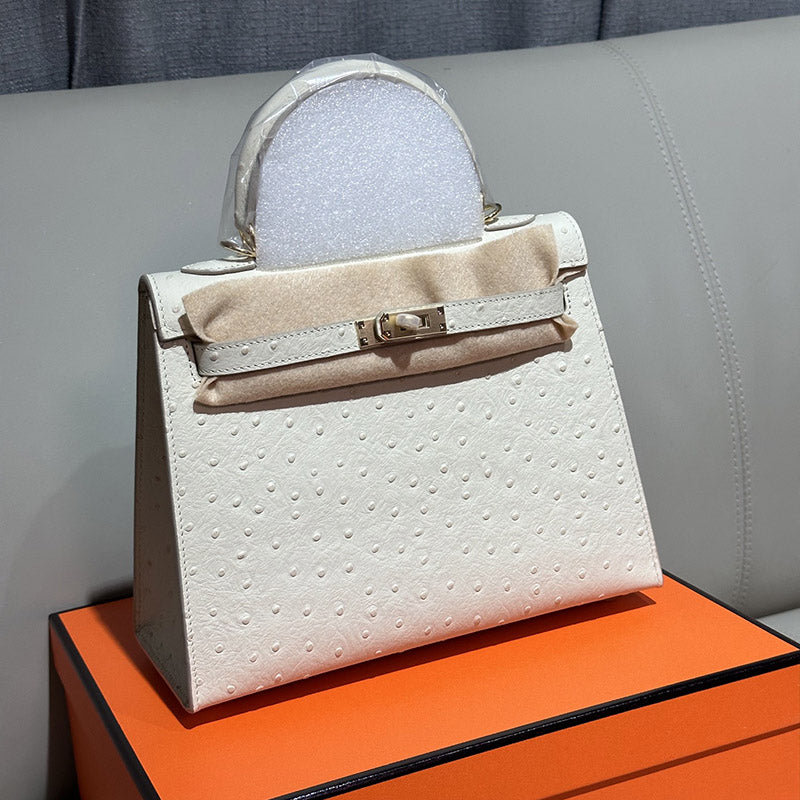 Women’s Vintage Ostrich Embossed Top-Grain Leather Handbag In Gold Hardware image 2