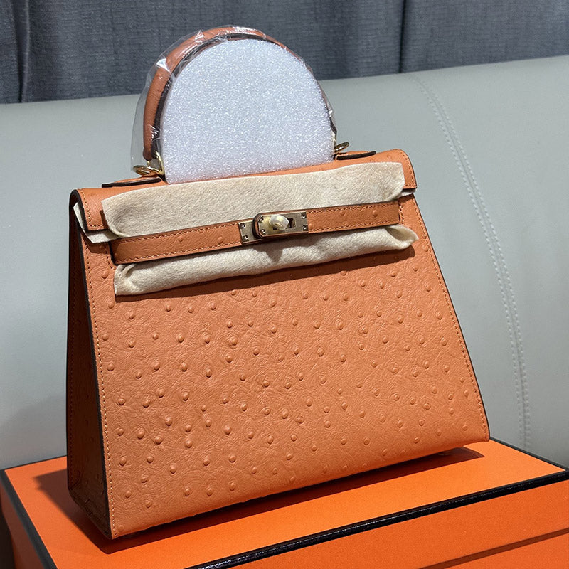 Women’s Vintage Ostrich Embossed Top-Grain Leather Handbag In Gold Hardware image 4