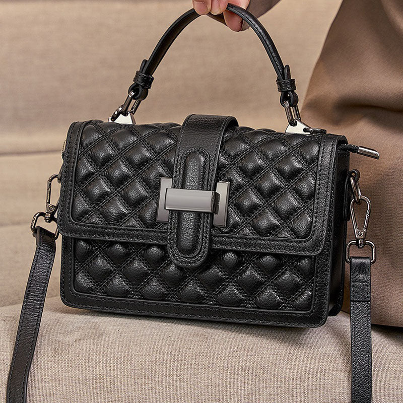 Women’s Vintage Quilted Genuine Leather Buckle Clasp Top Hand Bag image 2