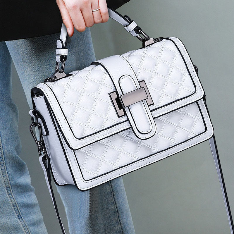 Women’s Vintage Quilted Genuine Leather Buckle Clasp Top Hand Bag image 5