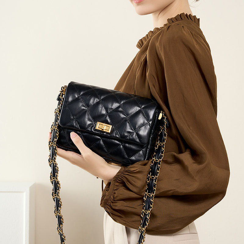 Women’s Vintage Quilted Genuine Leather Lock Flap Shoulder Crossbody Chain Bags image 2