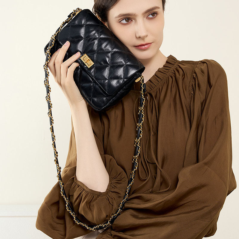 Women’s Vintage Quilted Genuine Leather Lock Flap Shoulder Crossbody Chain Bags image 3