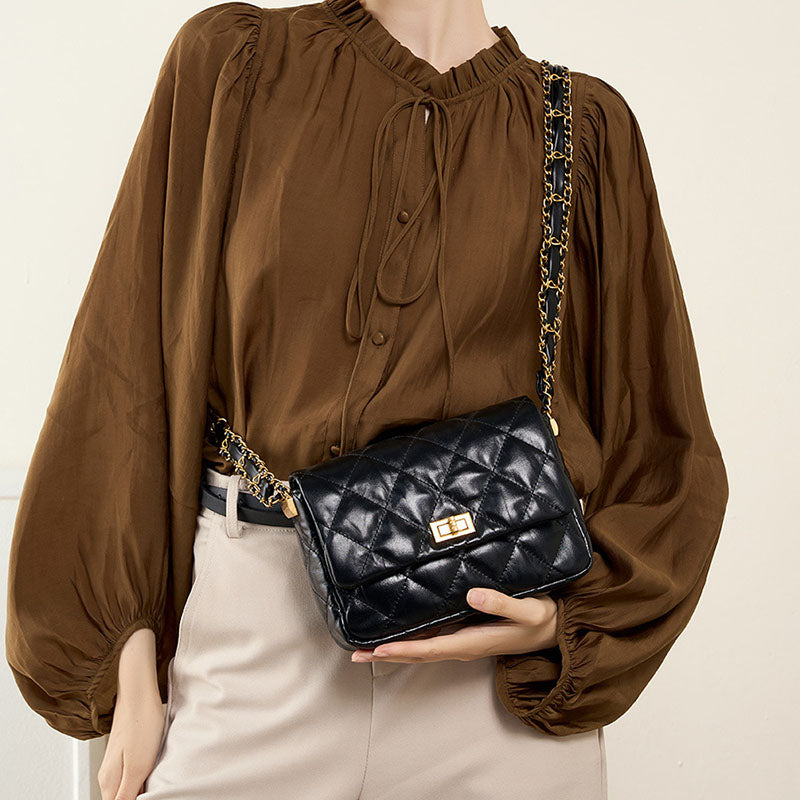 Women’s Vintage Quilted Genuine Leather Lock Flap Shoulder Crossbody Chain Bags image 4