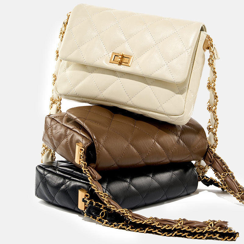Women’s Vintage Quilted Genuine Leather Lock Flap Shoulder Crossbody Chain Bags image 7