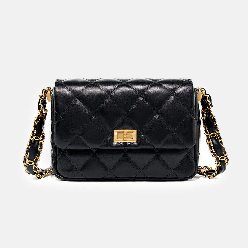Women’s Vintage Quilted Genuine Leather Lock Flap Shoulder Crossbody Chain Bags image