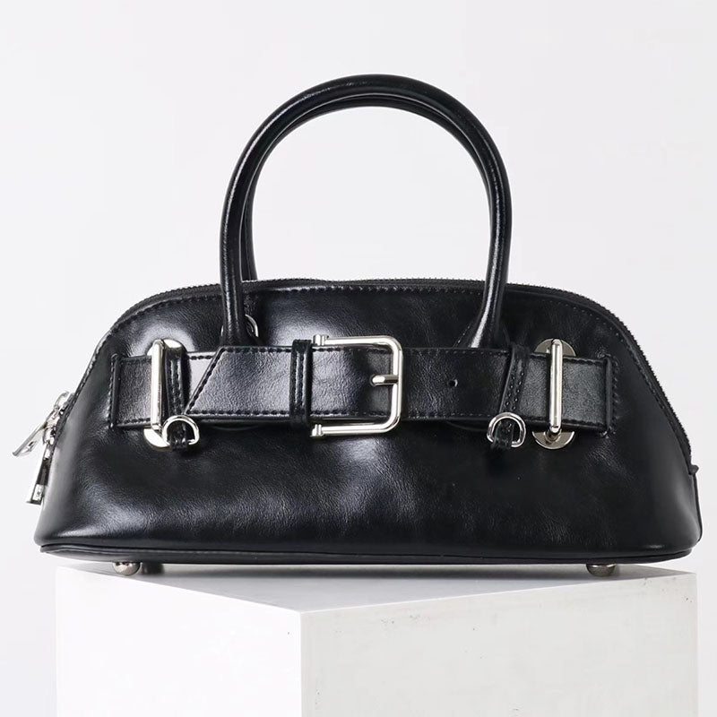 Women’s Vintage Split Leather Buckle Accent Bowling Handbag In Silver Hardware image 4