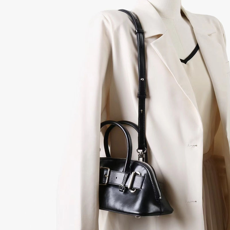 Women’s Vintage Split Leather Buckle Accent Bowling Handbag In Silver Hardware image 7