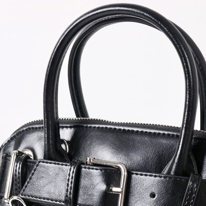 Women’s Vintage Split Leather Buckle Accent Bowling Handbag In Silver Hardware image 6