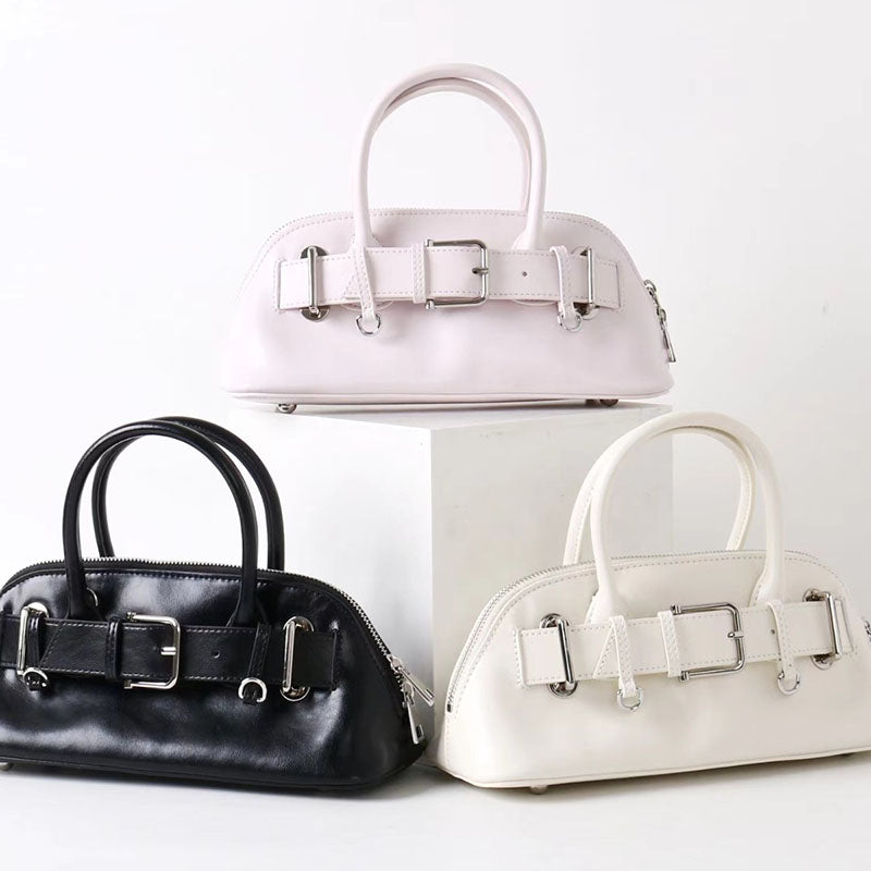 Women’s Vintage Split Leather Buckle Accent Bowling Handbag In Silver Hardware image 3