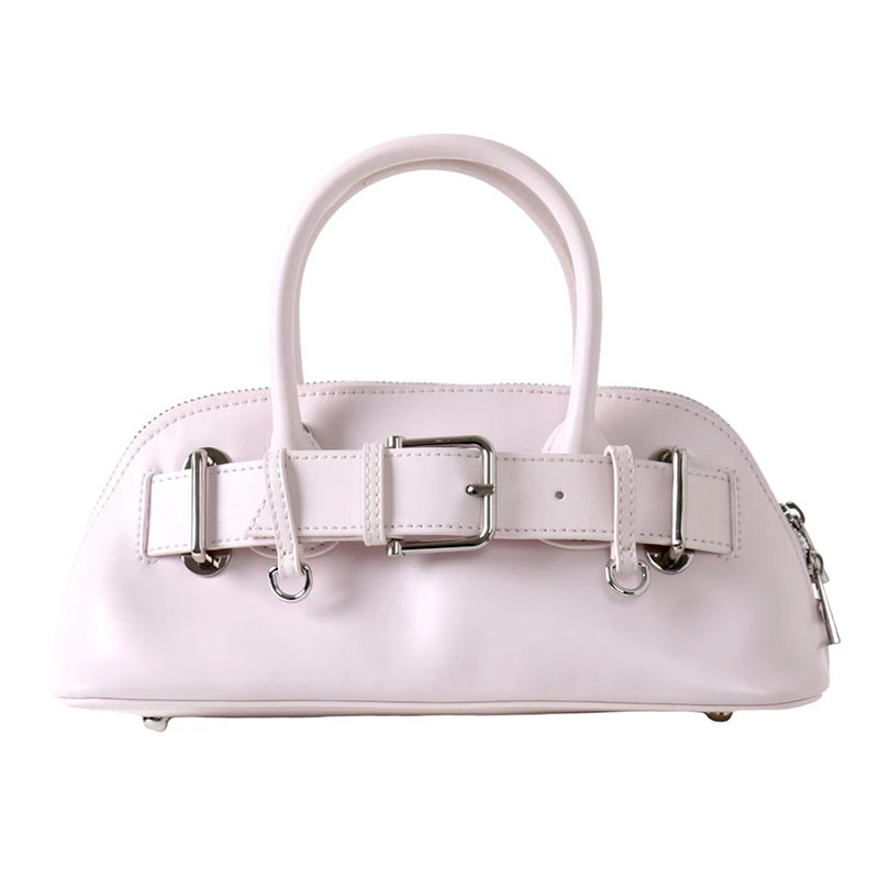Women’s Vintage Split Leather Buckle Accent Bowling Handbag In Silver Hardware image