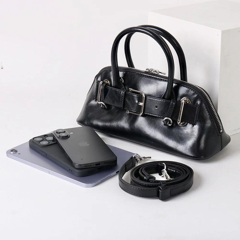Women’s Vintage Split Leather Buckle Accent Bowling Handbag In Silver Hardware image 5
