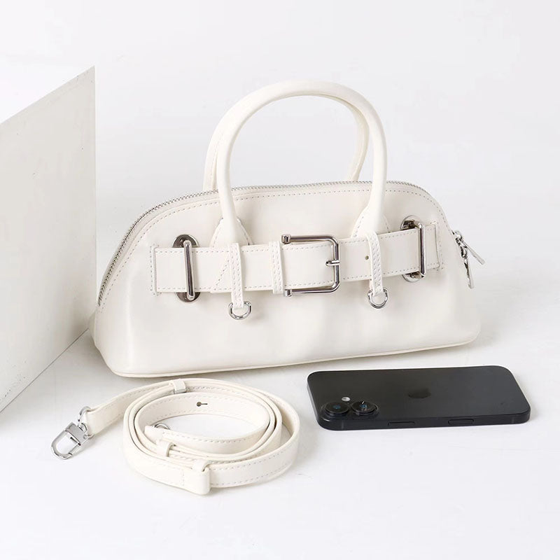 Women’s Vintage Split Leather Buckle Accent Bowling Handbag In Silver Hardware image 8