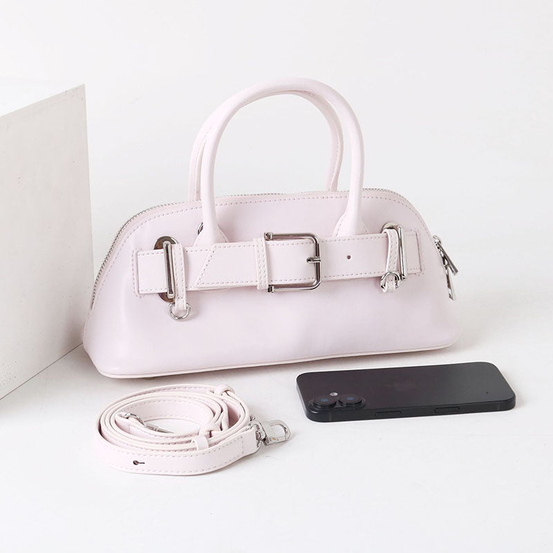 Women’s Vintage Split Leather Buckle Accent Bowling Handbag In Silver Hardware image 2