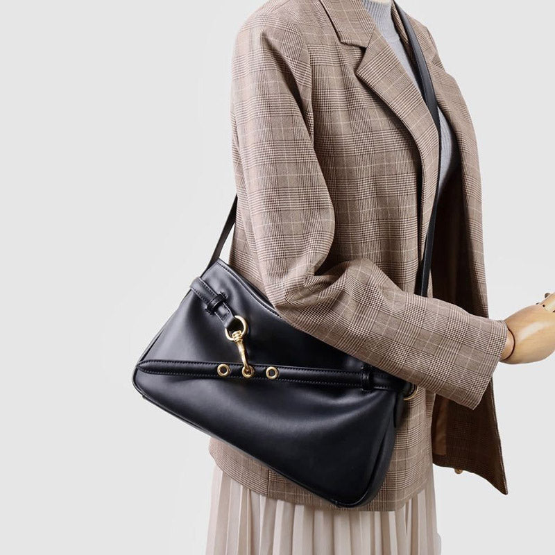 Women’s Vintage Split Leather Crossbody Baguette Bag In Gold Hardware image 6