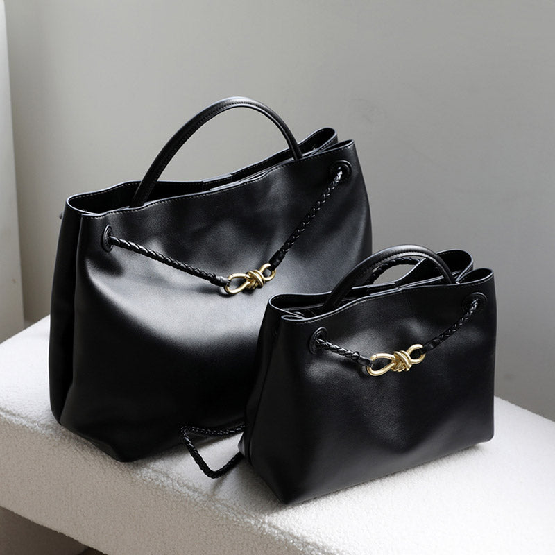Women’s Vintage Split Leather Shoulder Tote Bag In Gold Bow Hardware image 9
