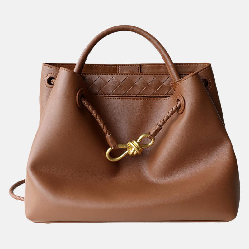 Women’s Vintage Split Leather Shoulder Tote Bag In Gold Bow Hardware image