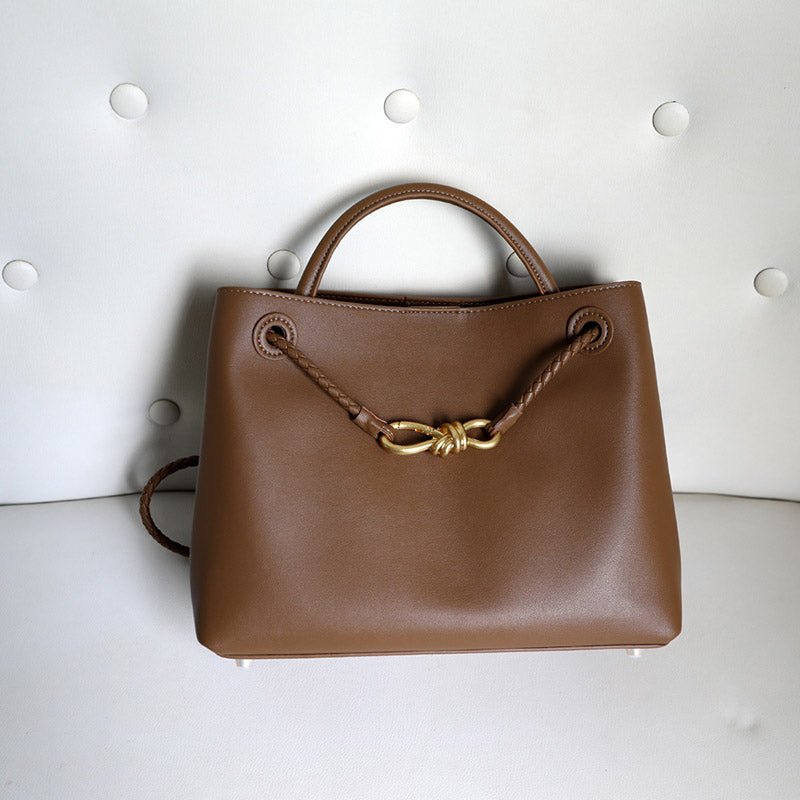 Women’s Vintage Split Leather Shoulder Tote Bag In Gold Bow Hardware image 3