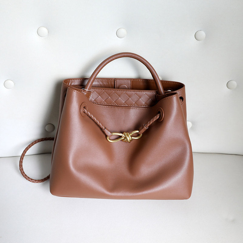 Women’s Vintage Split Leather Shoulder Tote Bag In Gold Bow Hardware image 2