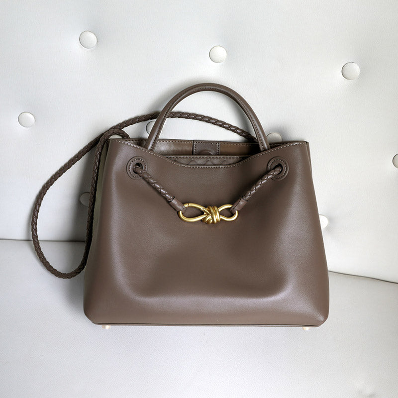 Women’s Vintage Split Leather Shoulder Tote Bag In Gold Bow Hardware image 4