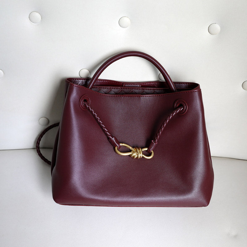 Women’s Vintage Split Leather Shoulder Tote Bag In Gold Bow Hardware image 5