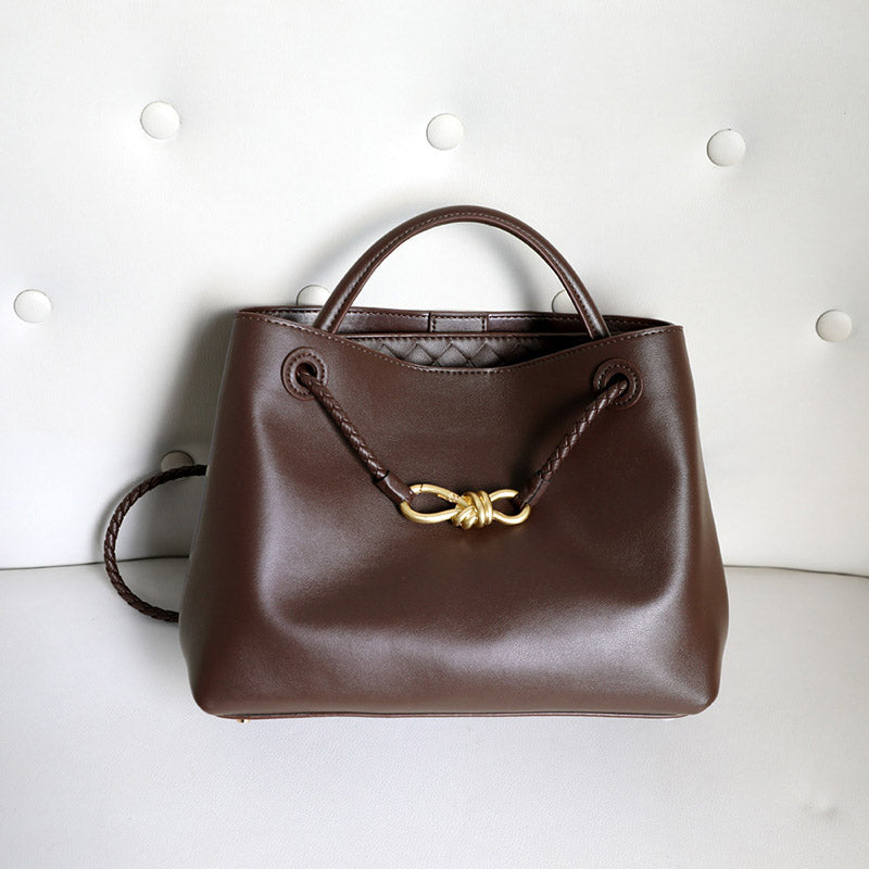 Women’s Vintage Split Leather Shoulder Tote Bag In Gold Bow Hardware image 6
