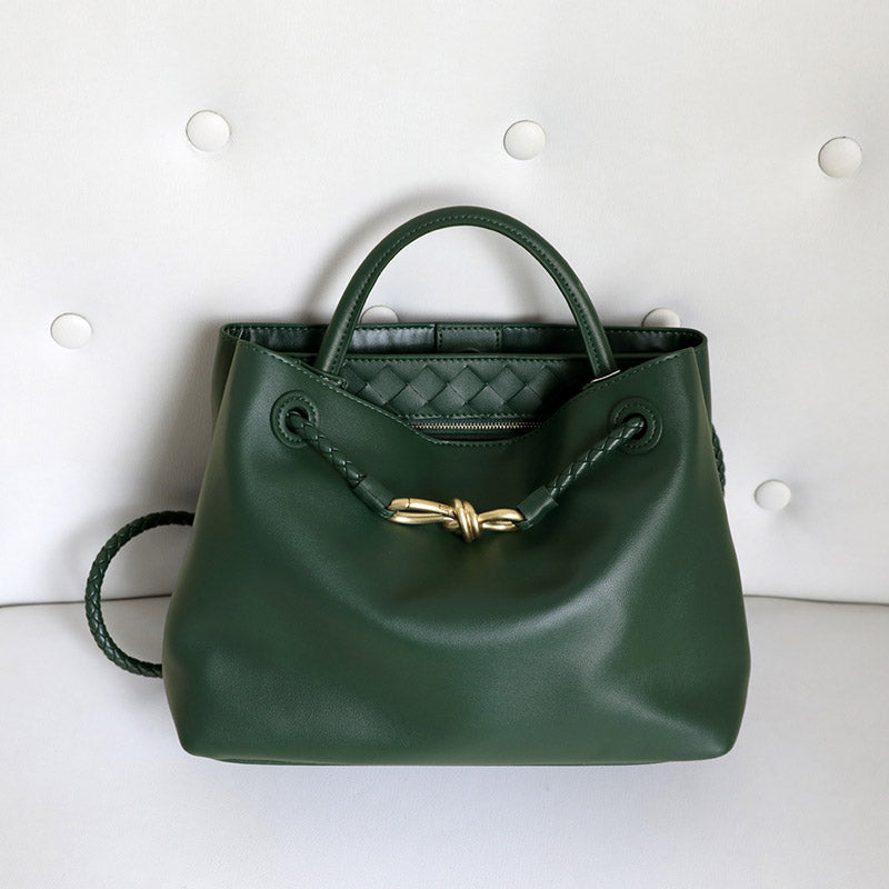 Women’s Vintage Split Leather Shoulder Tote Bag In Gold Bow Hardware image 7