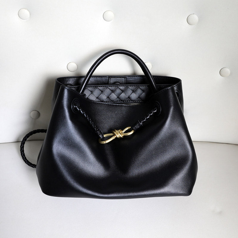 Women’s Vintage Split Leather Shoulder Tote Bag In Gold Bow Hardware image 8