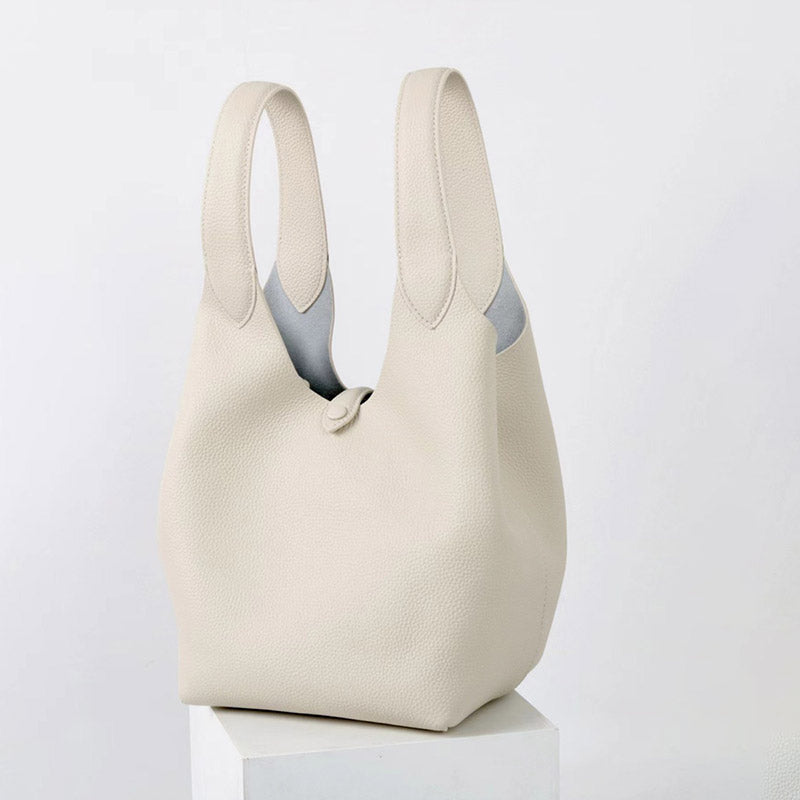 Women’s Vintage Top-Grain Leather Lychee Texture Tote Bucket Bag image 3