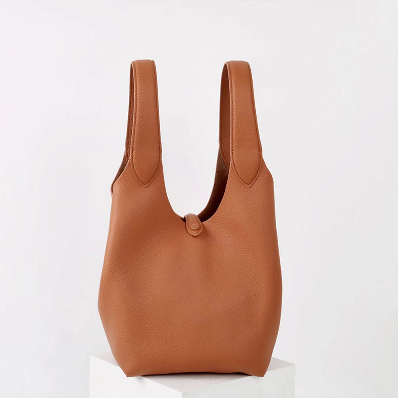 Women’s Vintage Top-Grain Leather Lychee Texture Tote Bucket Bag image 5