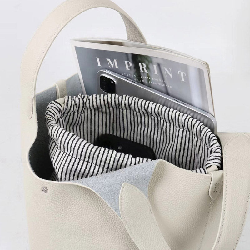 Women’s Vintage Top-Grain Leather Lychee Texture Tote Bucket Bag image 4