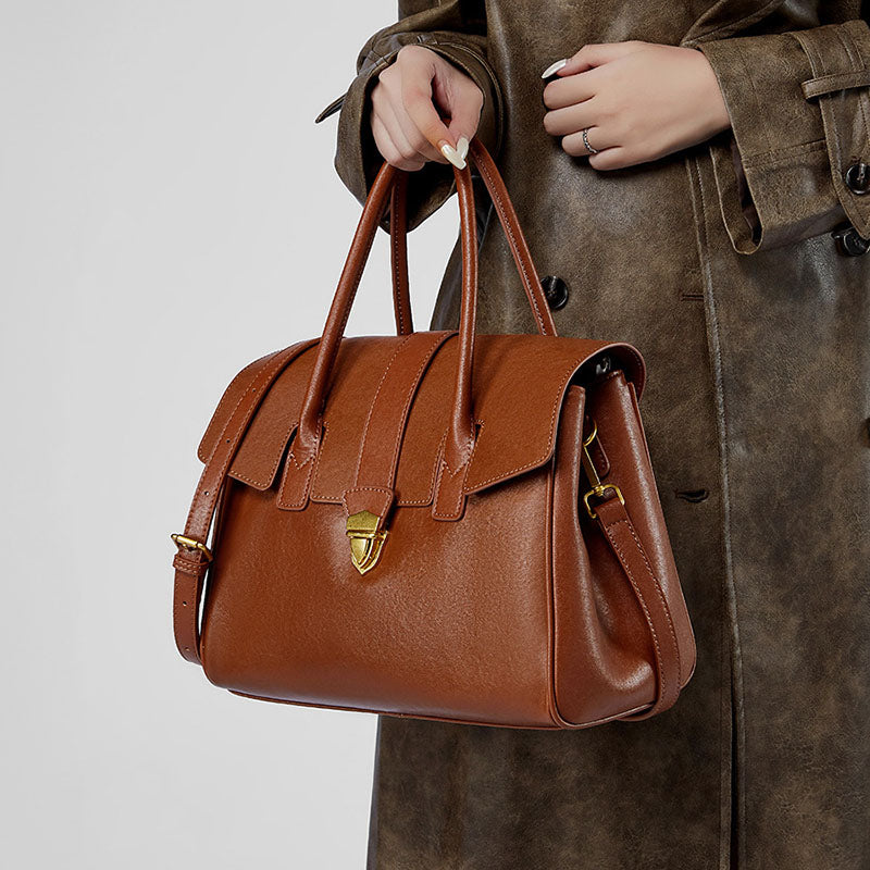 Women’s Vintage Top-Grain Leather Tote Handbag In Gold Hardware image 4