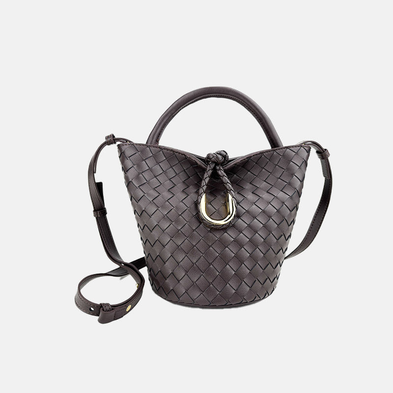 Women’s Vintage Woven Genuine Leather Knot-Closure Crossbody Bucket Bag image 4