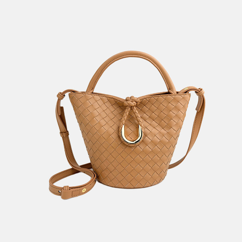 Women’s Vintage Woven Genuine Leather Knot-Closure Crossbody Bucket Bag image 8