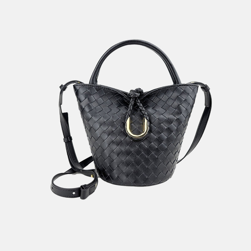 Women’s Vintage Woven Genuine Leather Knot-Closure Crossbody Bucket Bag image 2