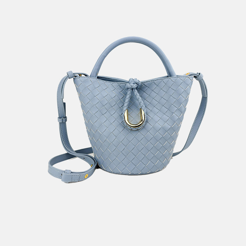 Women’s Vintage Woven Genuine Leather Knot-Closure Crossbody Bucket Bag image 6