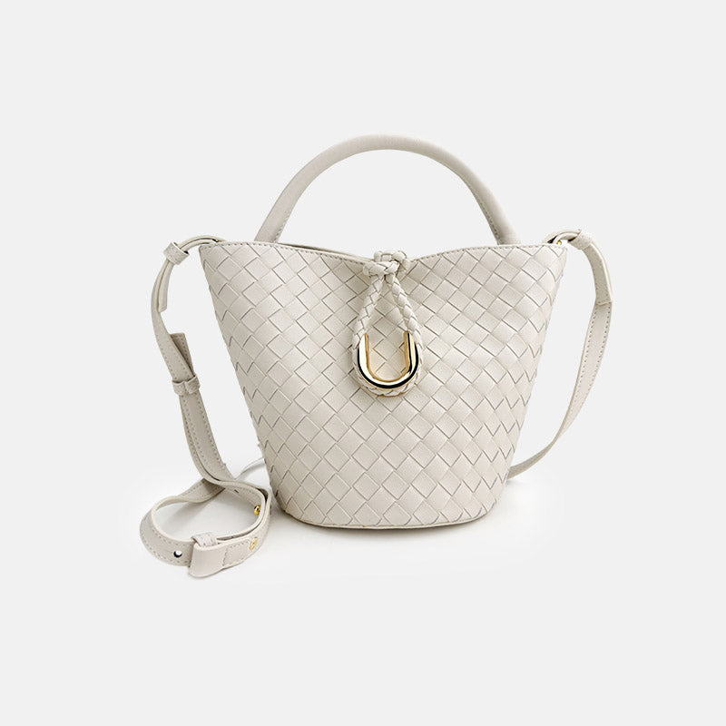 Women’s Vintage Woven Genuine Leather Knot-Closure Crossbody Bucket Bag image