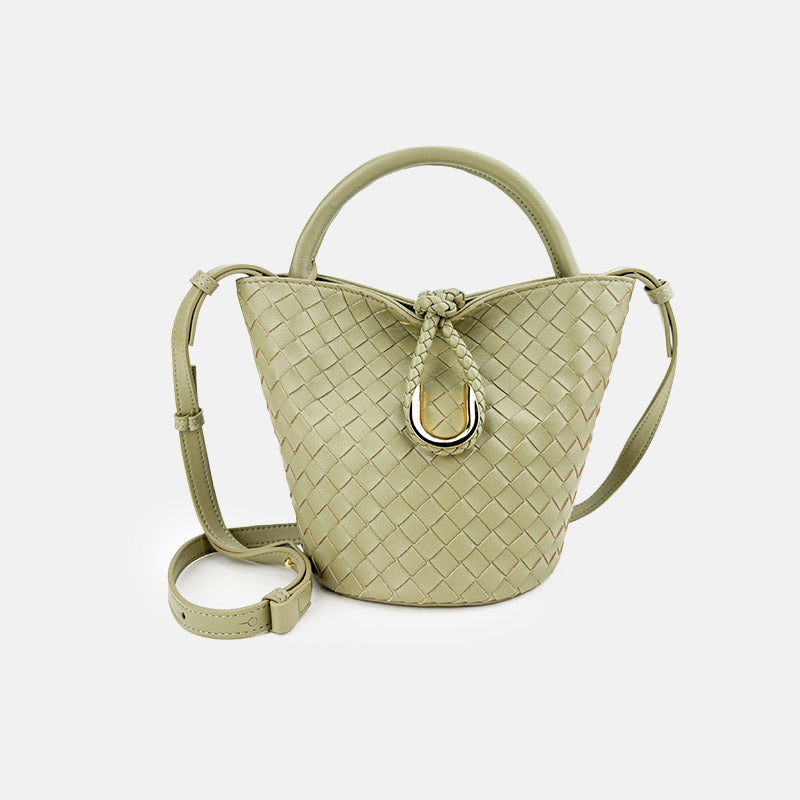 Women’s Vintage Woven Genuine Leather Knot-Closure Crossbody Bucket Bag image 3