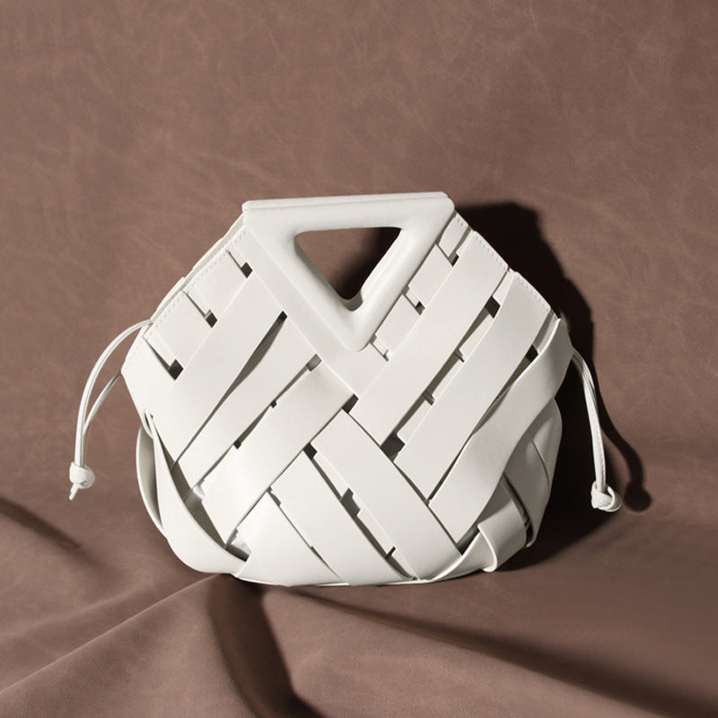 Women’s Vintage Woven Leather Triangle Handle Crossbody Shoulder Bucket Bag image 5