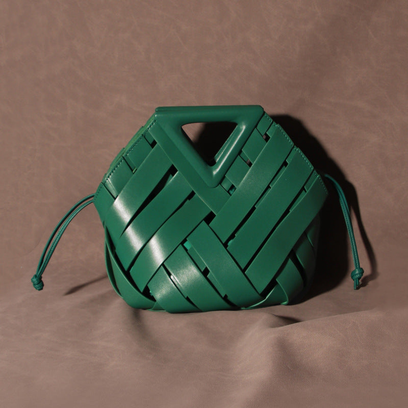 Women’s Vintage Woven Leather Triangle Handle Crossbody Shoulder Bucket Bag image 2