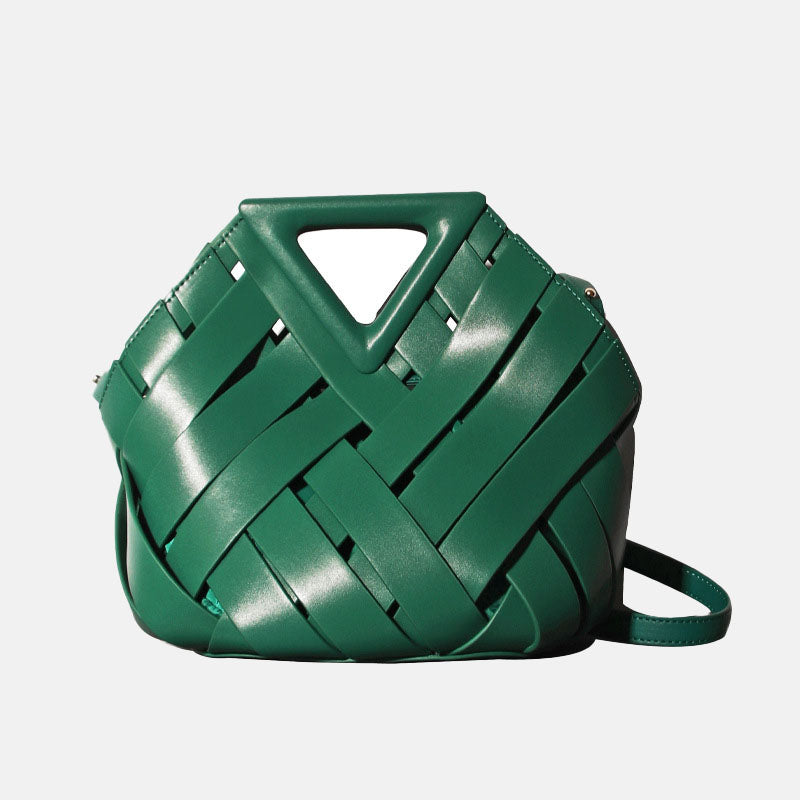 Women’s Vintage Woven Leather Triangle Handle Crossbody Shoulder Bucket Bag image